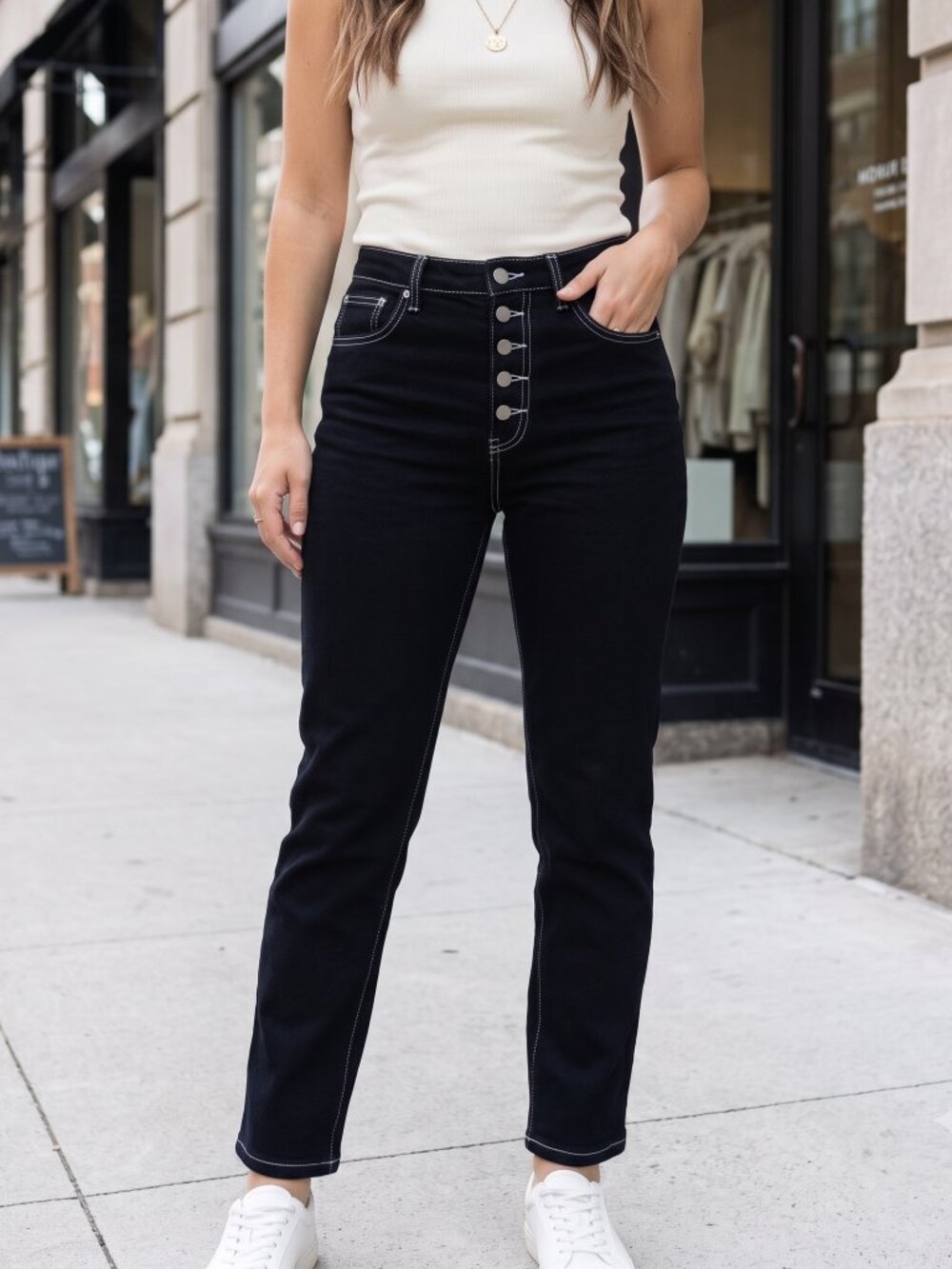 WeWoreWhat High Rise Contrast Stitch Button Fly Straight Jeans 28